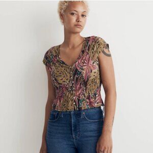 Madewell Shirred Cap-Sleeve Top in Brushstroke Monstera | Dark Coffee| NWT | XXL